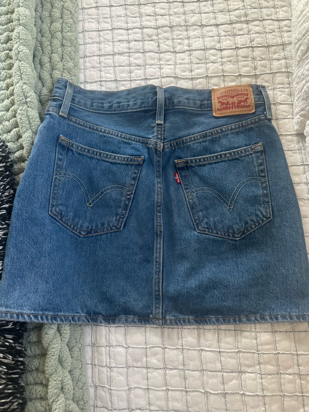Levi's Medium Blue Denim Mini Skirt with Back Pockets- Button Fly